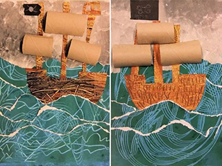 利用油墨纹理与拼贴画《帆船》艺术作品