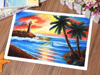 油画棒《海上日出》风景手绘教程