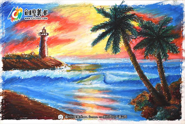油画棒《海上日出》风景手绘教程