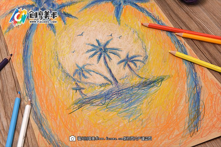 《椰子树》彩铅飞线画法教程